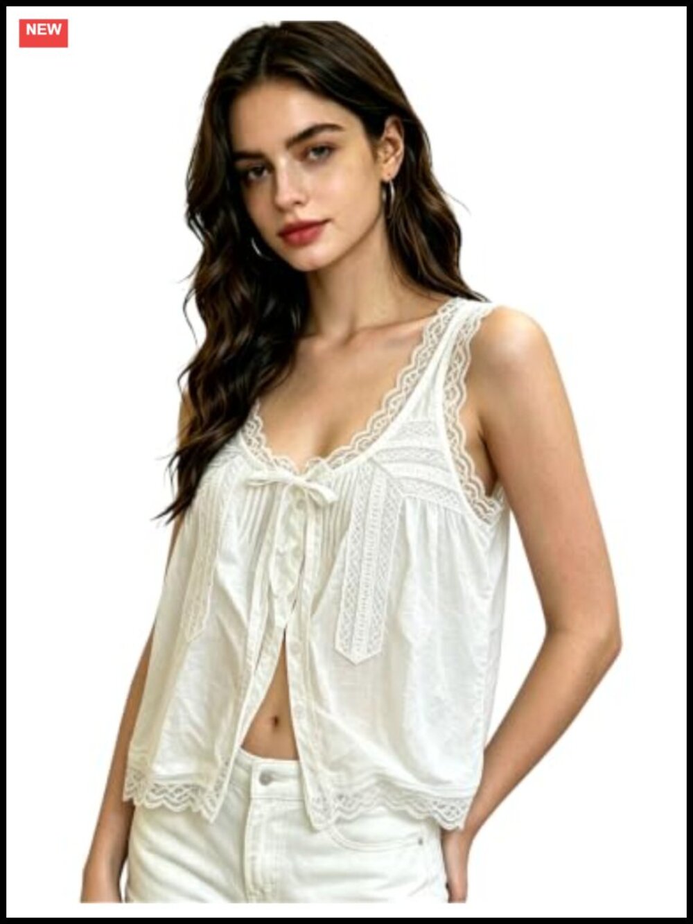 Women's 100% Cotton Boho Lace Trim Tie Front Button Down Flowy Crop Tank Top